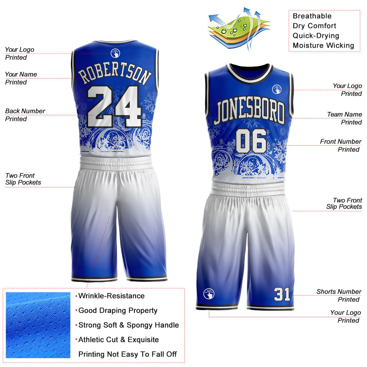 Custom Thunder Blue White-Black Winter Snowflake Gradient Round Neck Sublimation Basketball Uniform Jersey view 2