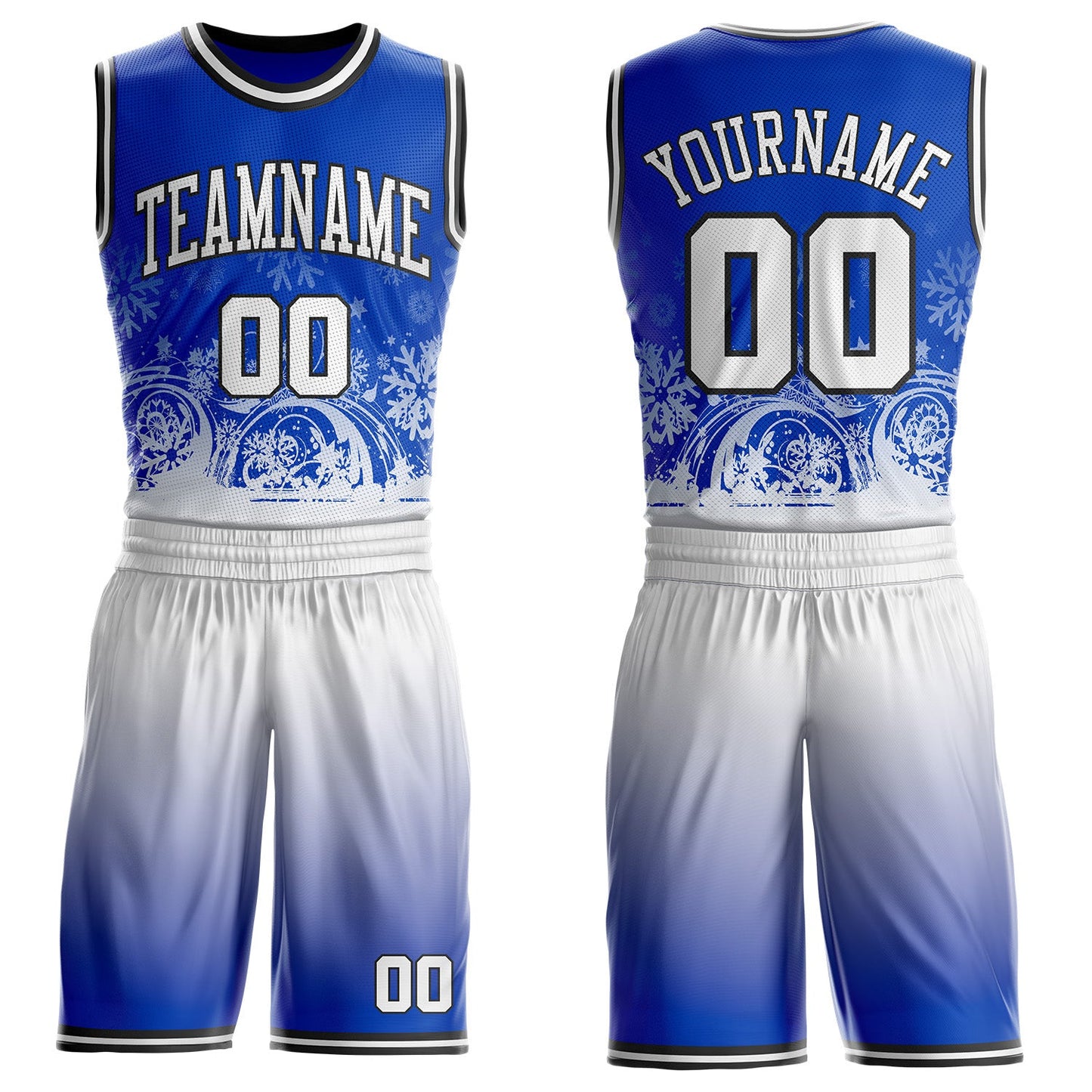 Custom Thunder Blue White-Black Winter Snowflake Gradient Round Neck Sublimation Basketball Uniform Jersey - Main View