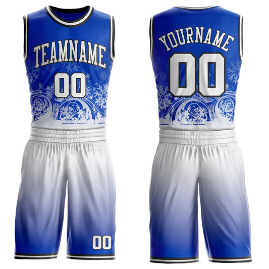 Custom Thunder Blue White-Black Winter Snowflake Gradient Round Neck Sublimation Basketball Uniform Jersey - Main View