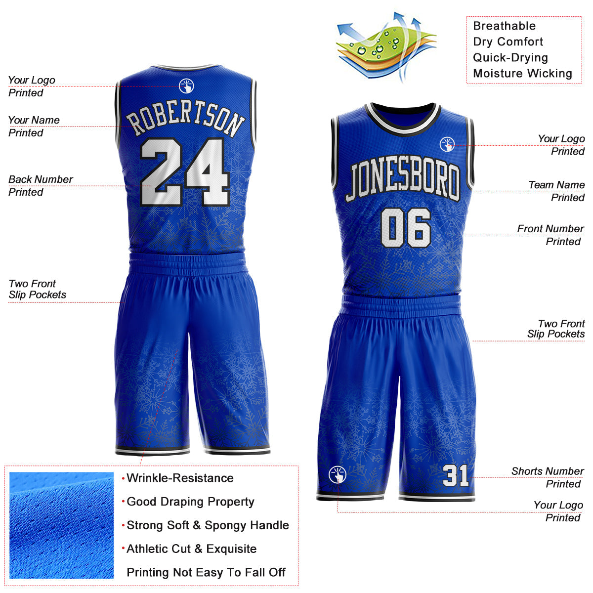 Custom Thunder Blue White-Black Winter Snowflake Gradient Round Neck Sublimation Basketball Uniform Jersey view 2