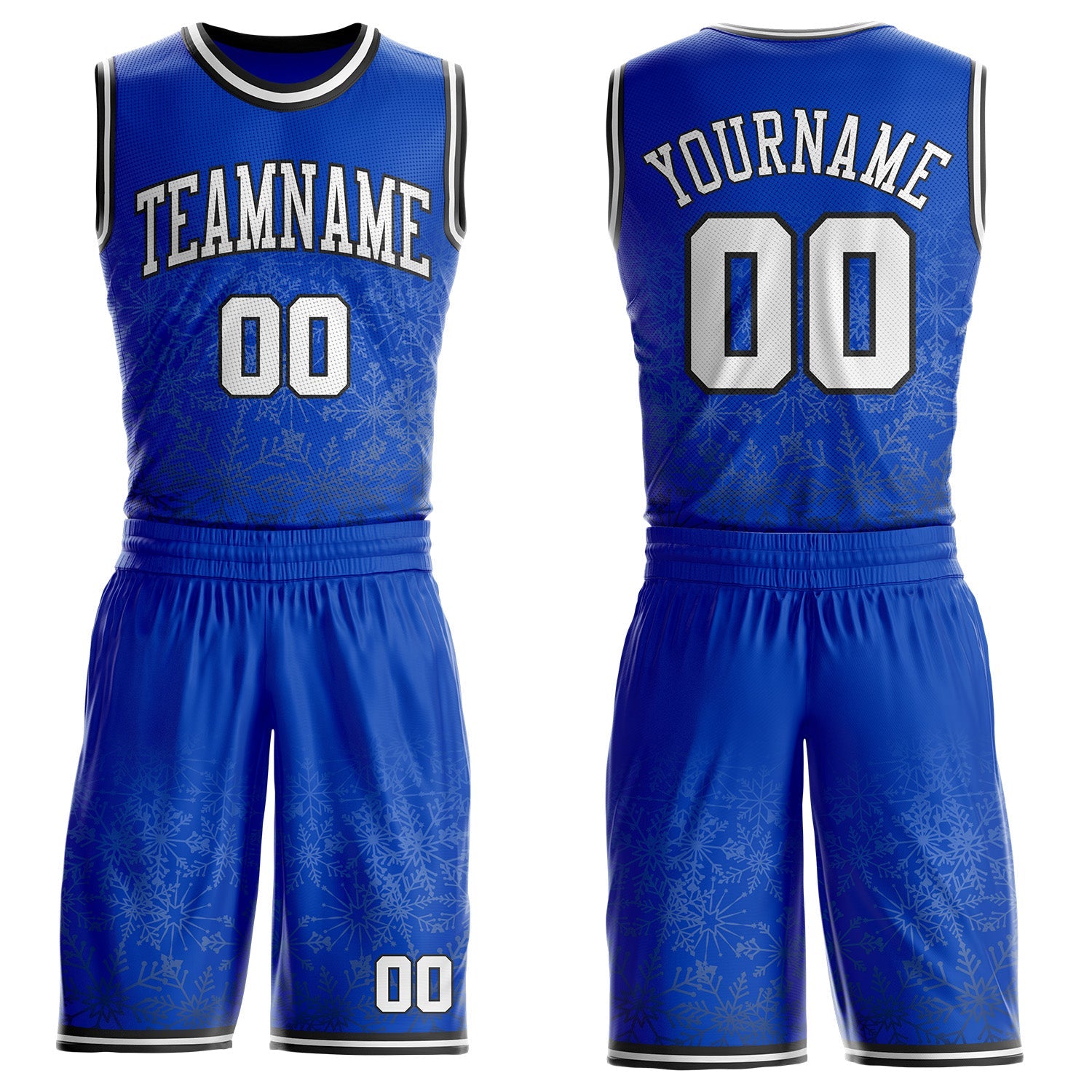 Custom Thunder Blue White-Black Winter Snowflake Gradient Round Neck Sublimation Basketball Uniform Jersey - Main View