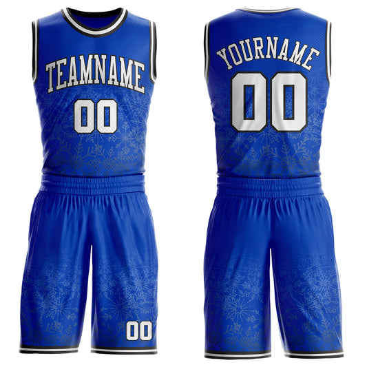 Custom Thunder Blue White-Black Winter Snowflake Gradient Round Neck Sublimation Basketball Uniform Jersey - Main View