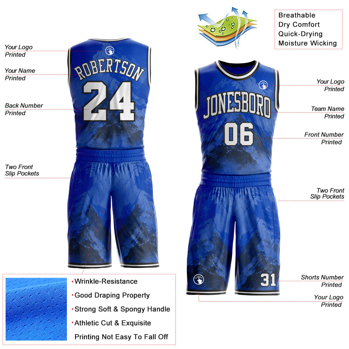 Custom Thunder Blue White-Black Snow Mountain Gradient Round Neck Sublimation Basketball Uniform Jersey view 2