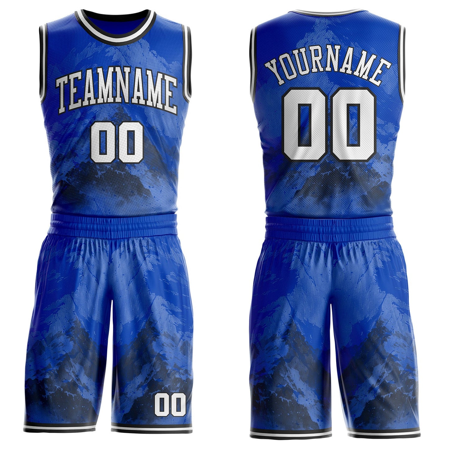 Custom Thunder Blue White-Black Snow Mountain Gradient Round Neck Sublimation Basketball Uniform Jersey - Main View