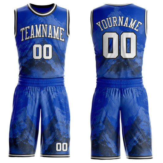 Custom Thunder Blue White-Black Snow Mountain Gradient Round Neck Sublimation Basketball Uniform Jersey - Main View