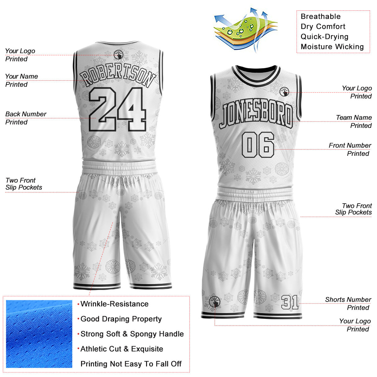 Custom White-Black Winter Snowflake Round Neck Sublimation Basketball Uniform Jersey view 2