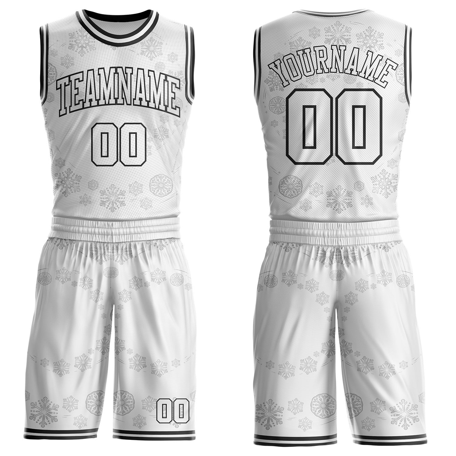 Custom White-Black Winter Snowflake Round Neck Sublimation Basketball Uniform Jersey - Main View