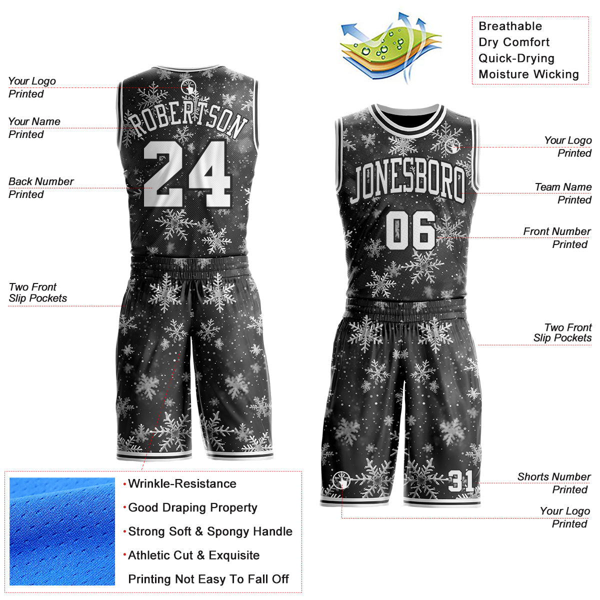 Custom Black-White Winter Snowflake Round Neck Sublimation Basketball Uniform Jersey view 2