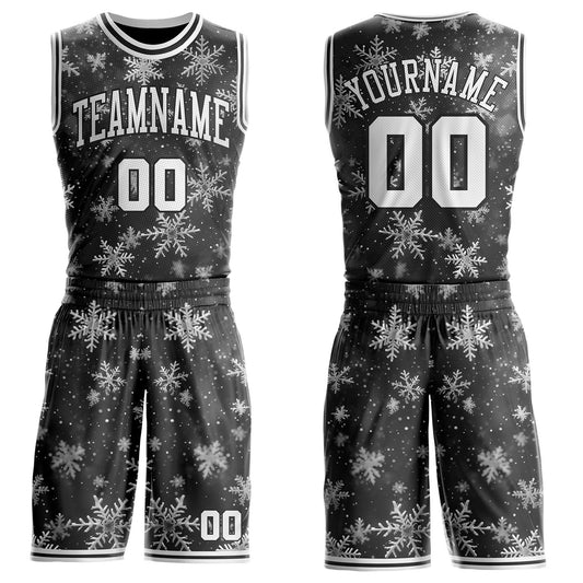 Custom Black-White Winter Snowflake Round Neck Sublimation Basketball Uniform Jersey - Main View