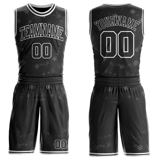 Custom Black-White Winter Snowflake Round Neck Sublimation Basketball Uniform Jersey - Main View