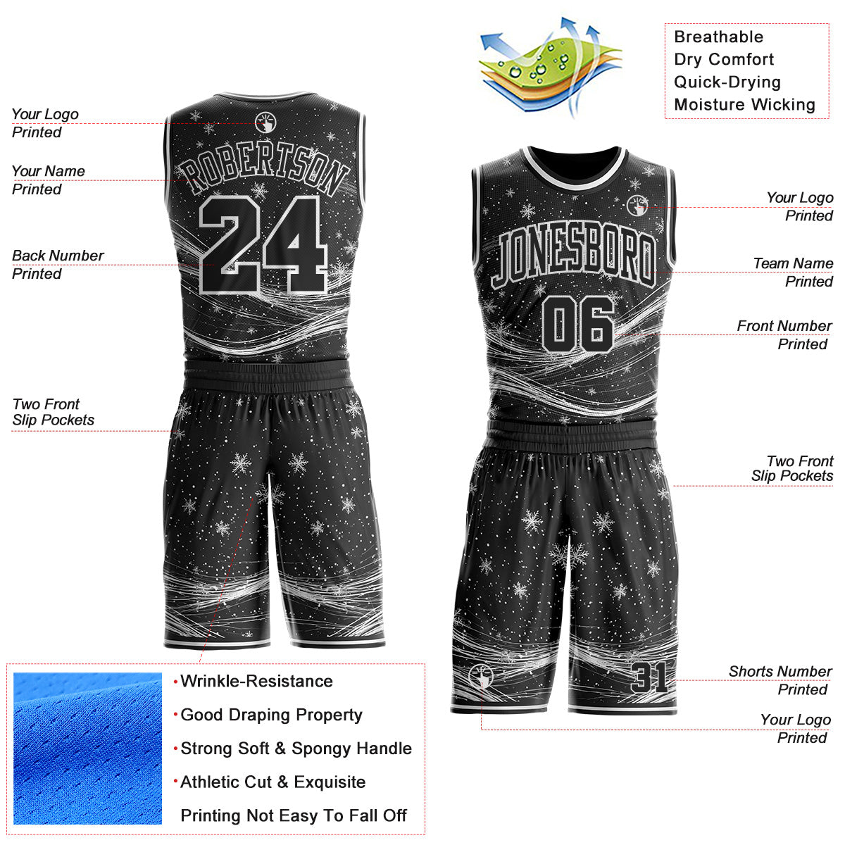 Custom Black-White Winter Snowflake Round Neck Sublimation Basketball Uniform Jersey view 2
