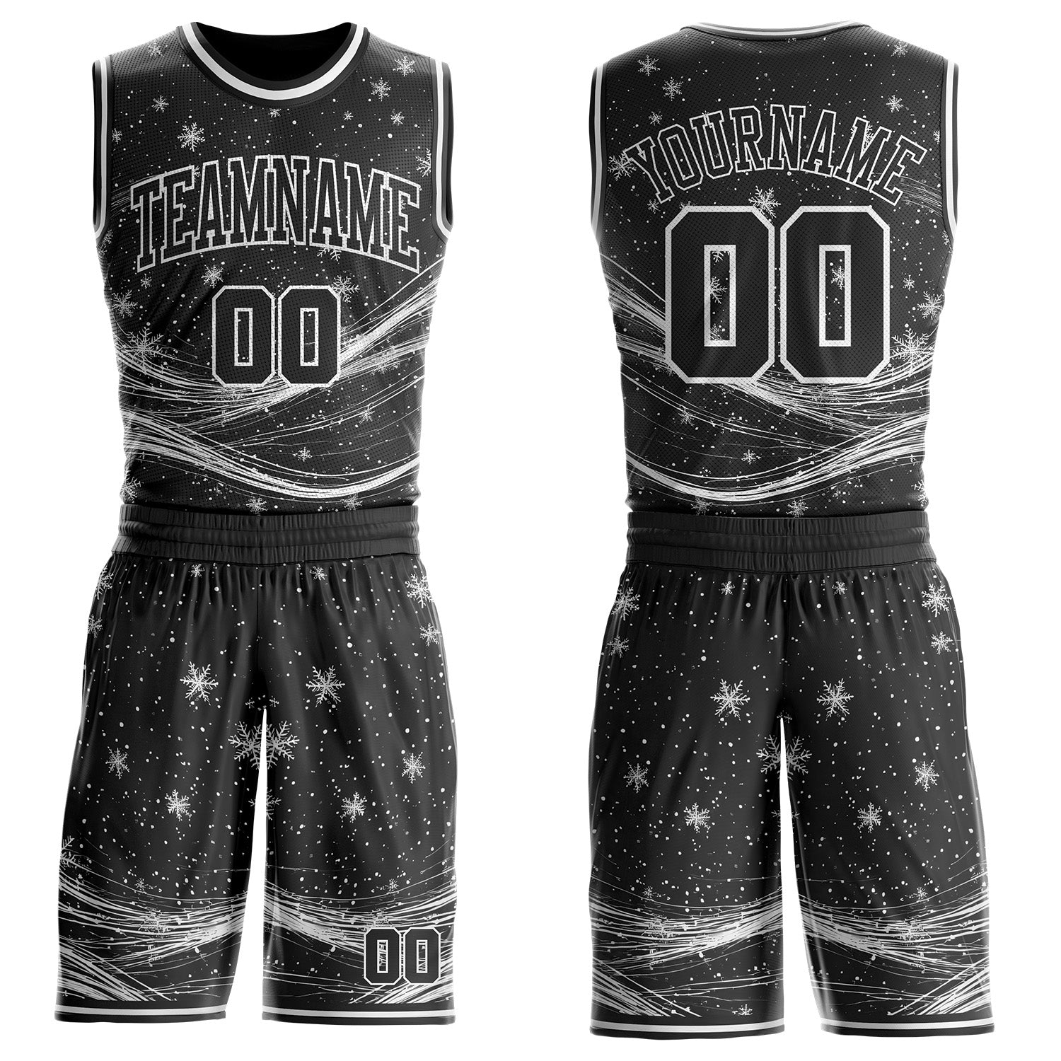 Custom Black-White Winter Snowflake Round Neck Sublimation Basketball Uniform Jersey - Main View