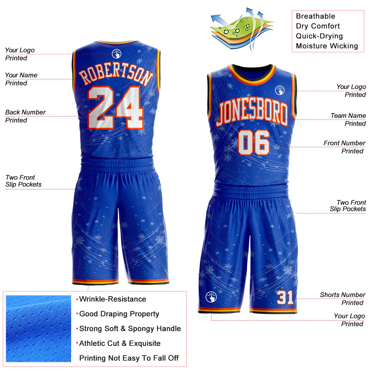 Custom Thunder Blue White Orange Black-Yellow Winter Snowflake Round Neck Sublimation Basketball Uniform Jersey view 2