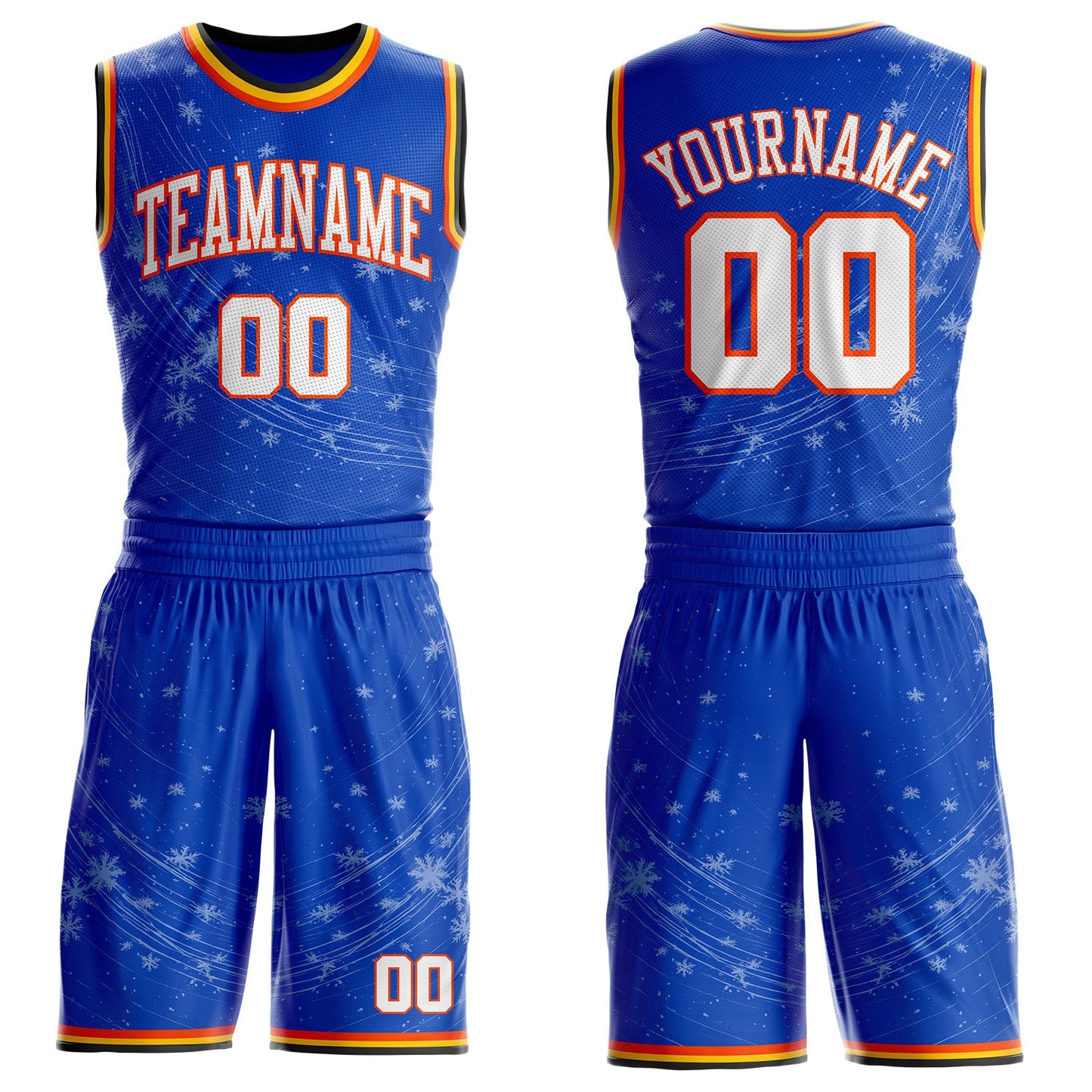 Custom Thunder Blue White Orange Black-Yellow Winter Snowflake Round Neck Sublimation Basketball Uniform Jersey - Main View