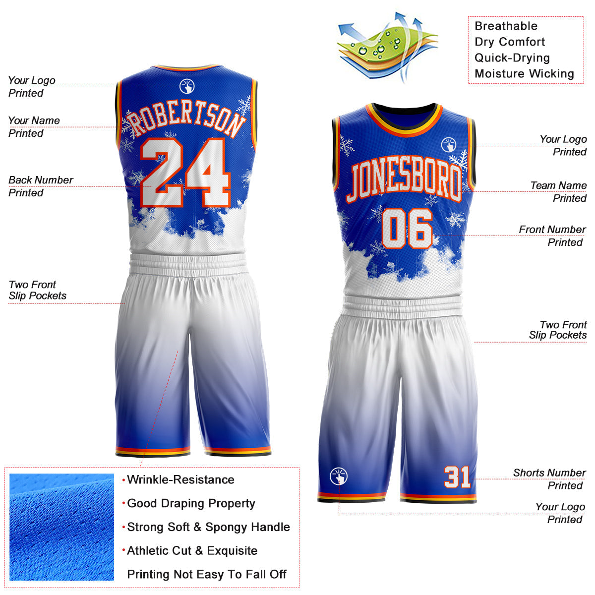 Custom Thunder Blue White Orange Black-Yellow Winter Snowflake Gradient Round Neck Sublimation Basketball Uniform Jersey view 2