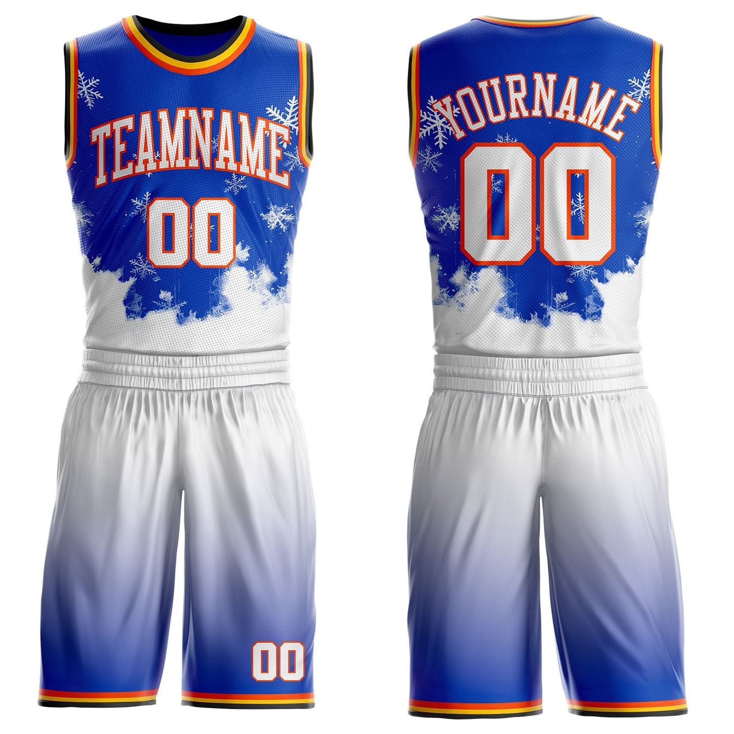 Custom Thunder Blue White Orange Black-Yellow Winter Snowflake Gradient Round Neck Sublimation Basketball Uniform Jersey - Main View