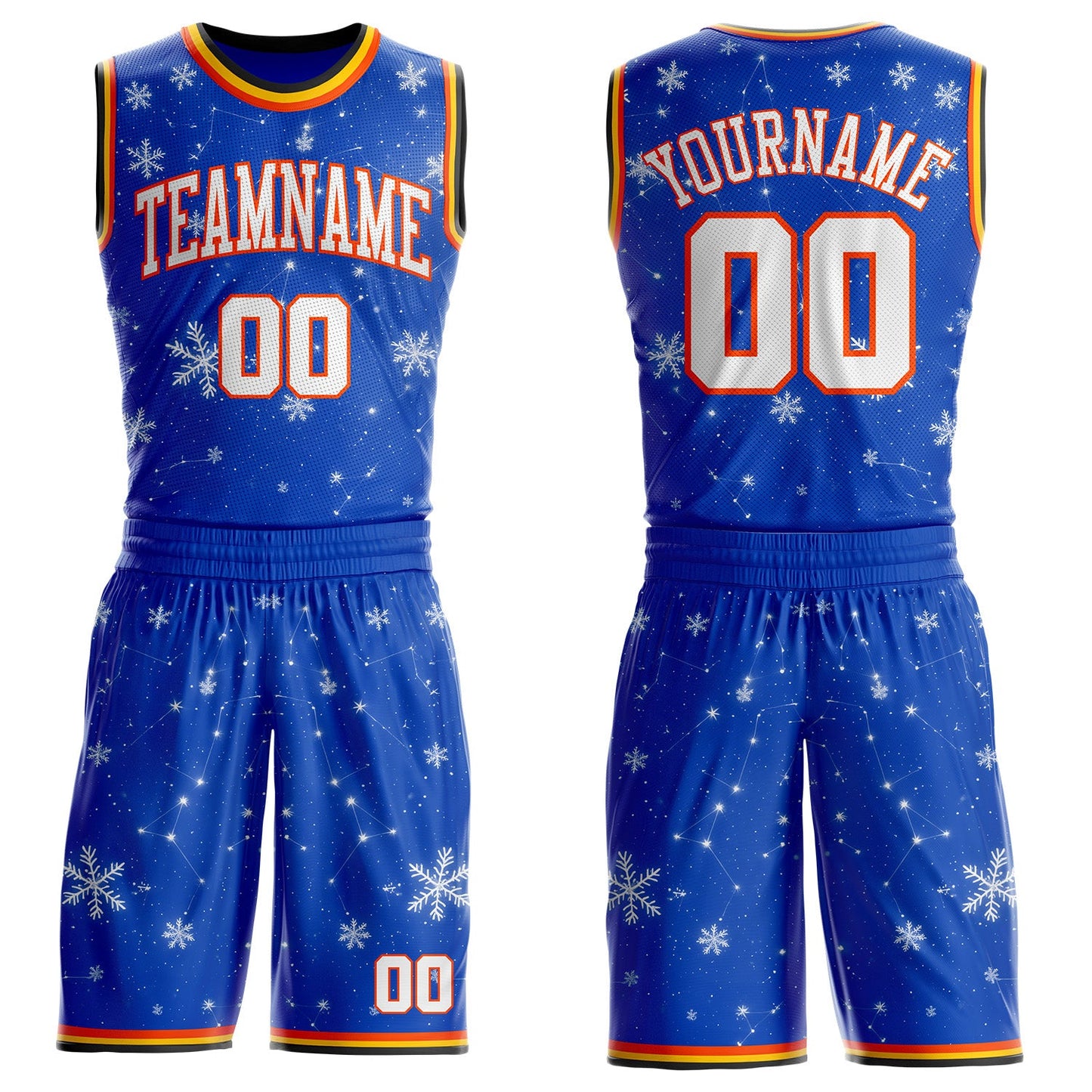 Custom Thunder Blue White Orange Black-Yellow Winter Snowflake Gradient Round Neck Sublimation Basketball Uniform Jersey - Main View