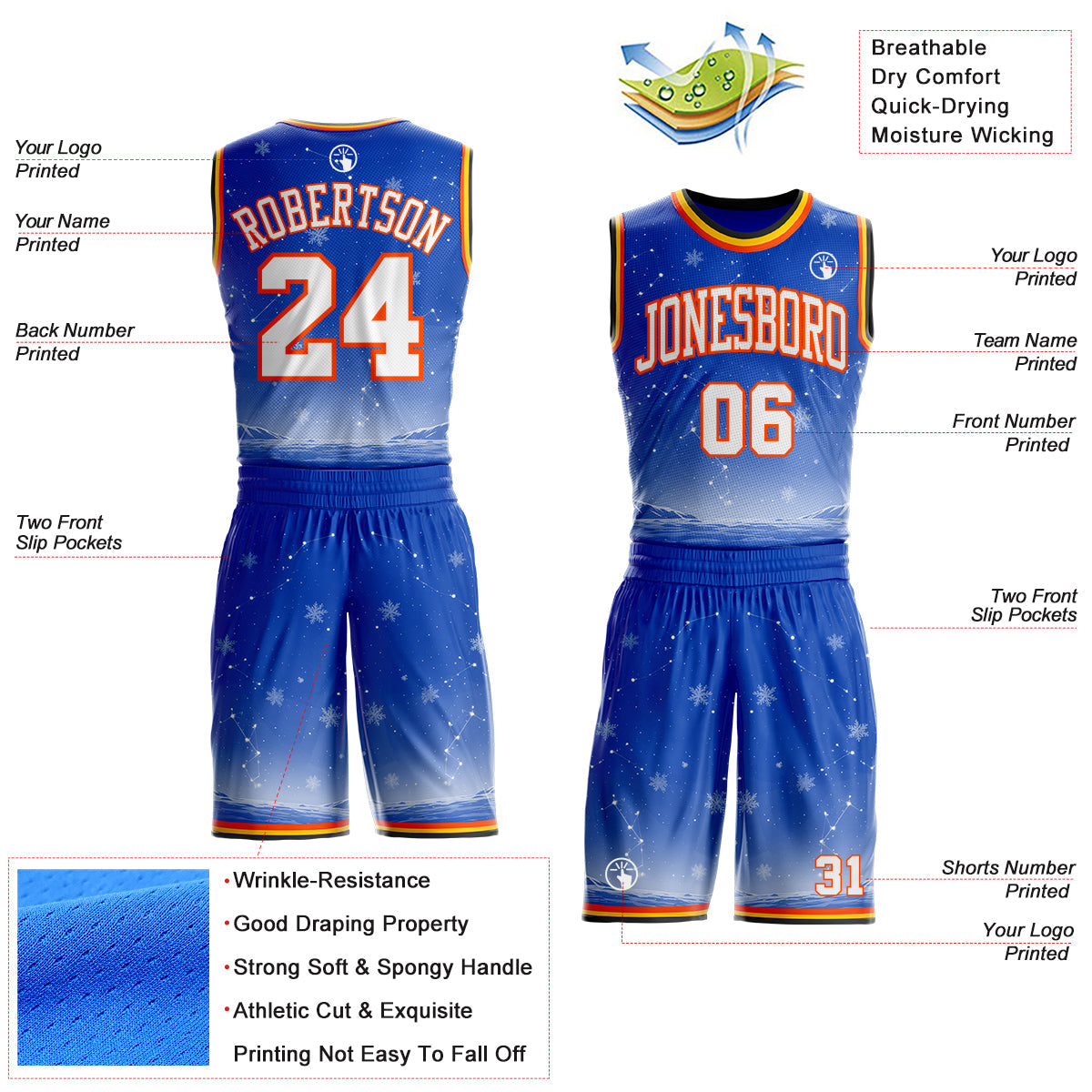 Custom Thunder Blue White Orange Black-Yellow Winter Snowflake Gradient Round Neck Sublimation Basketball Uniform Jersey view 2