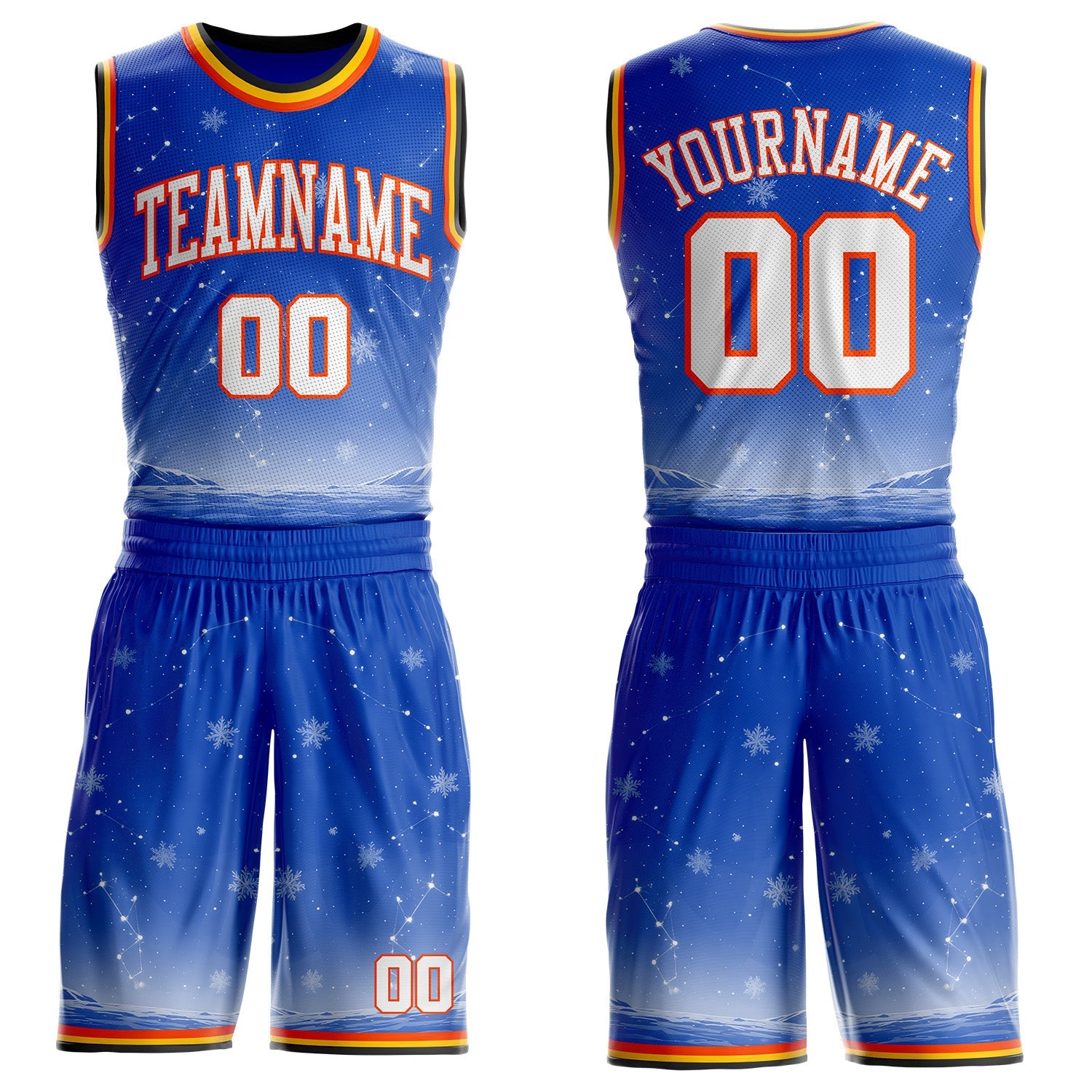 Custom Thunder Blue White Orange Black-Yellow Winter Snowflake Gradient Round Neck Sublimation Basketball Uniform Jersey - Main View