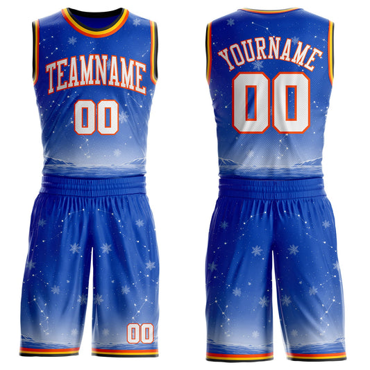 Custom Thunder Blue White Orange Black-Yellow Winter Snowflake Gradient Round Neck Sublimation Basketball Uniform Jersey - Main View