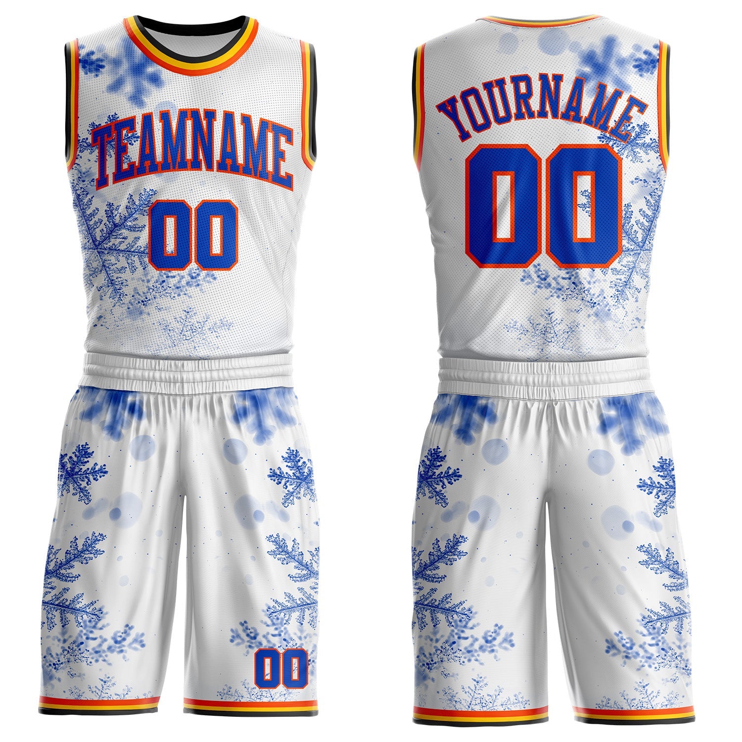 Custom White Thunder Blue Orange Black-Yellow Winter Snowflake Round Neck Sublimation Basketball Uniform Jersey - Main View