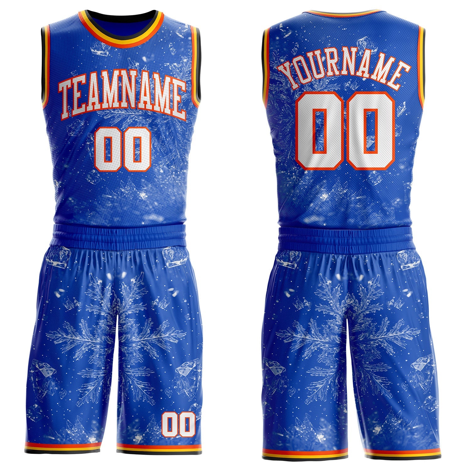 Custom Thunder Blue White Orange Black-Yellow Winter Snowflake Round Neck Sublimation Basketball Uniform Jersey - Main View