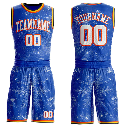 Custom Thunder Blue White Orange Black-Yellow Winter Snowflake Round Neck Sublimation Basketball Uniform Jersey - Main View