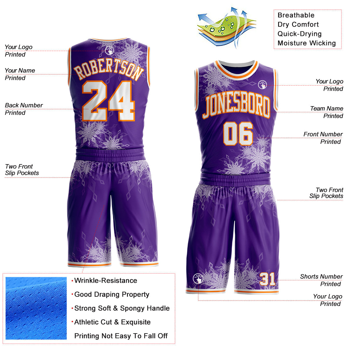 Custom Purple White-Bay Orange Winter Snowflake Round Neck Sublimation Basketball Uniform Jersey view 2