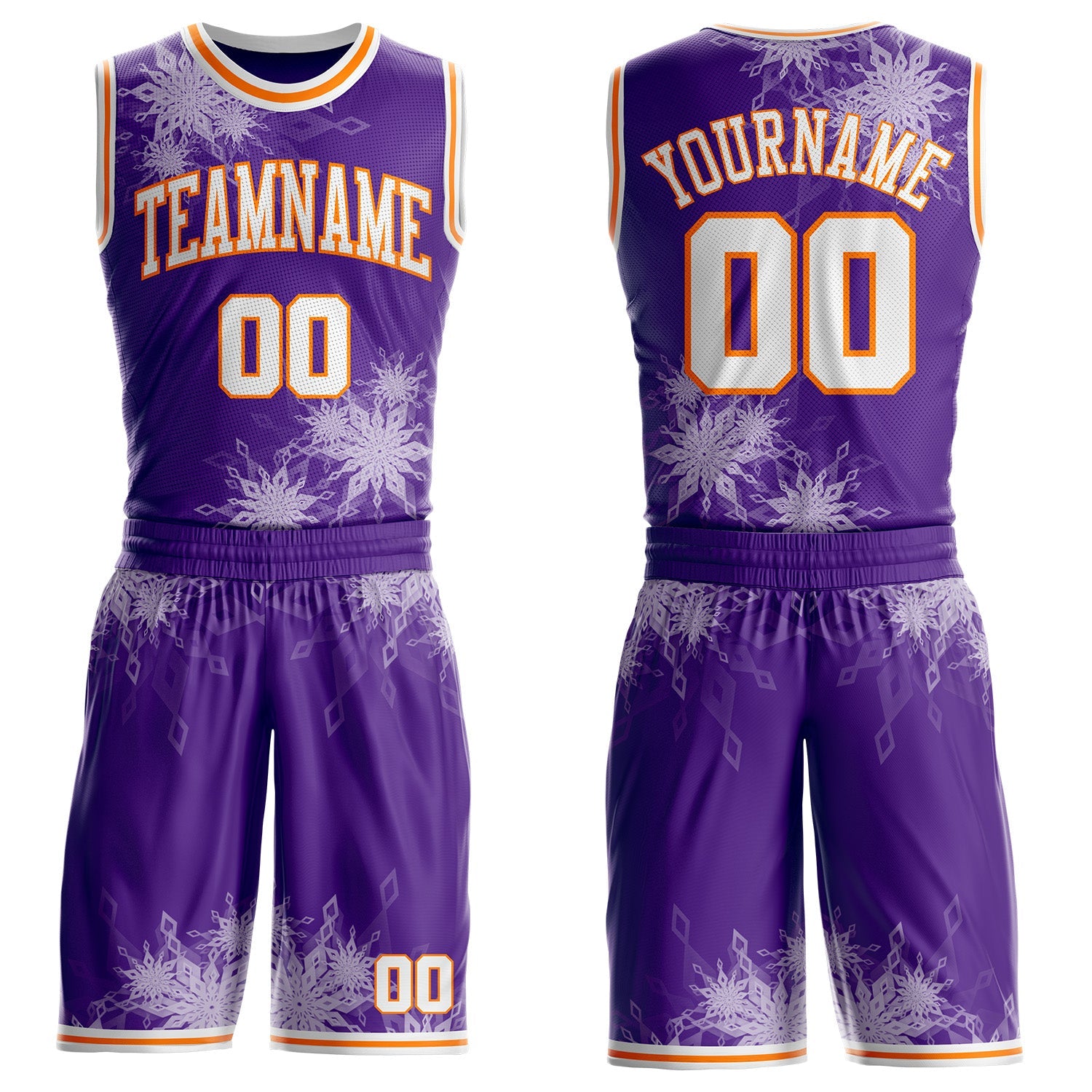 Custom Purple White-Bay Orange Winter Snowflake Round Neck Sublimation Basketball Uniform Jersey - Main View