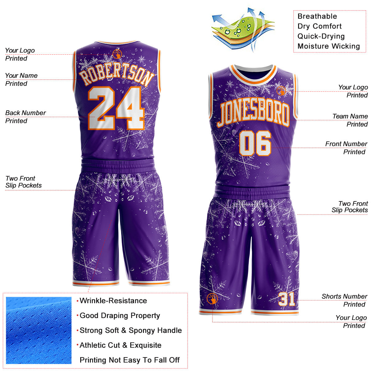 Custom Purple White-Bay Orange Winter Snowflake Round Neck Sublimation Basketball Uniform Jersey view 2