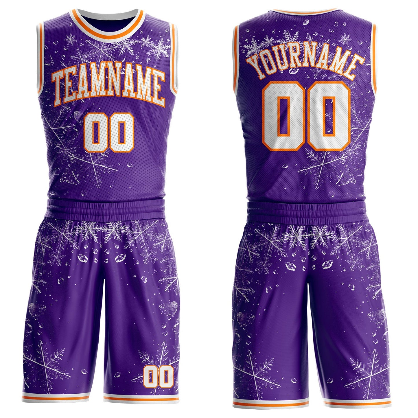 Custom Purple White-Bay Orange Winter Snowflake Round Neck Sublimation Basketball Uniform Jersey - Main View