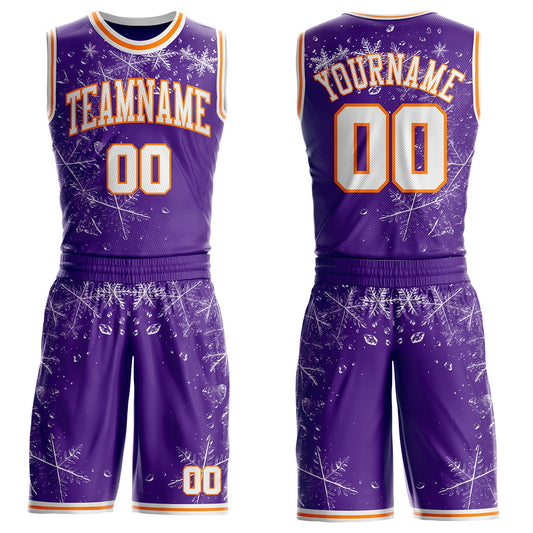 Custom Purple White-Bay Orange Winter Snowflake Round Neck Sublimation Basketball Uniform Jersey - Main View