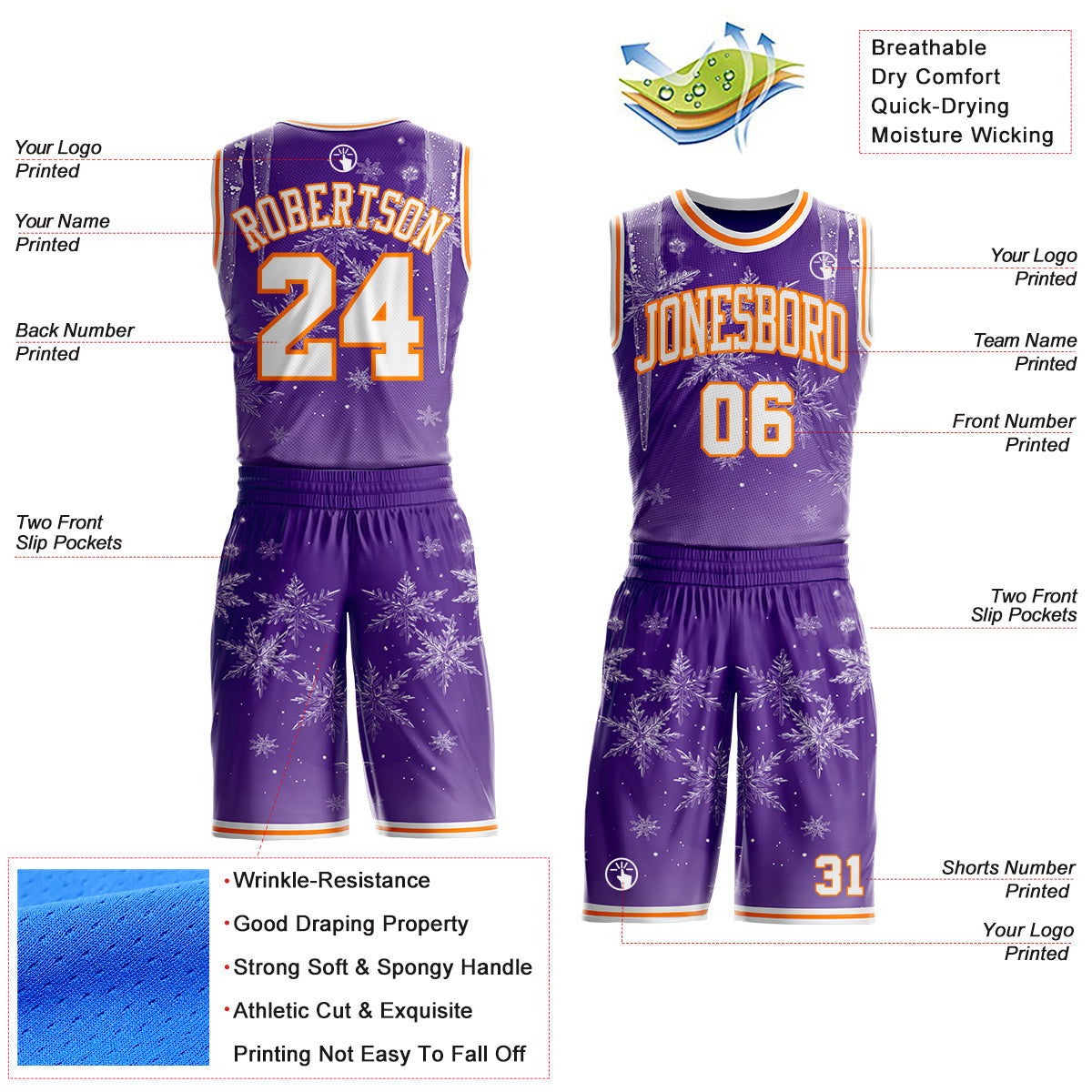 Custom Purple White-Bay Orange Winter Snowflake Icicle Round Neck Sublimation Basketball Uniform Jersey view 2