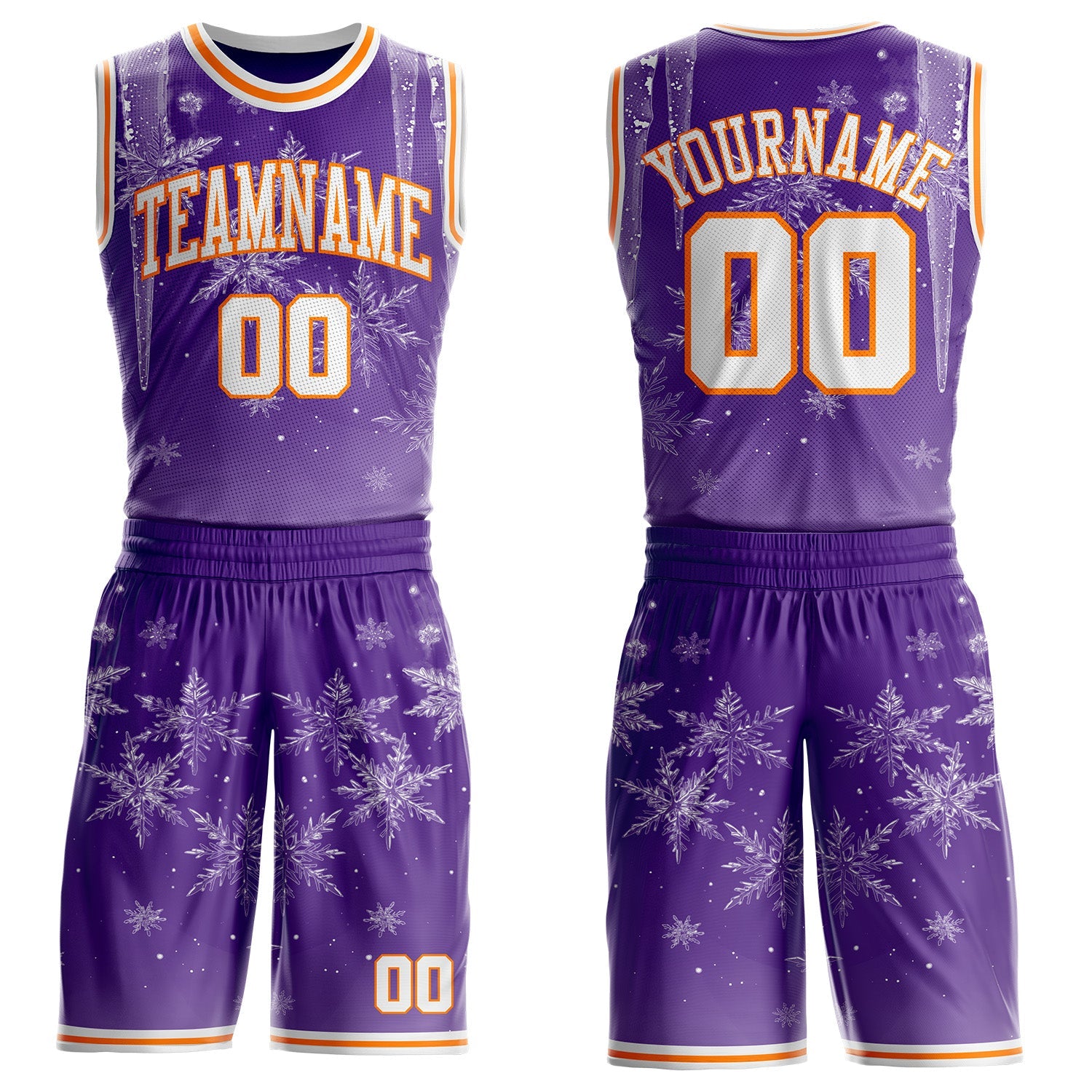 Custom Purple White-Bay Orange Winter Snowflake Icicle Round Neck Sublimation Basketball Uniform Jersey - Main View