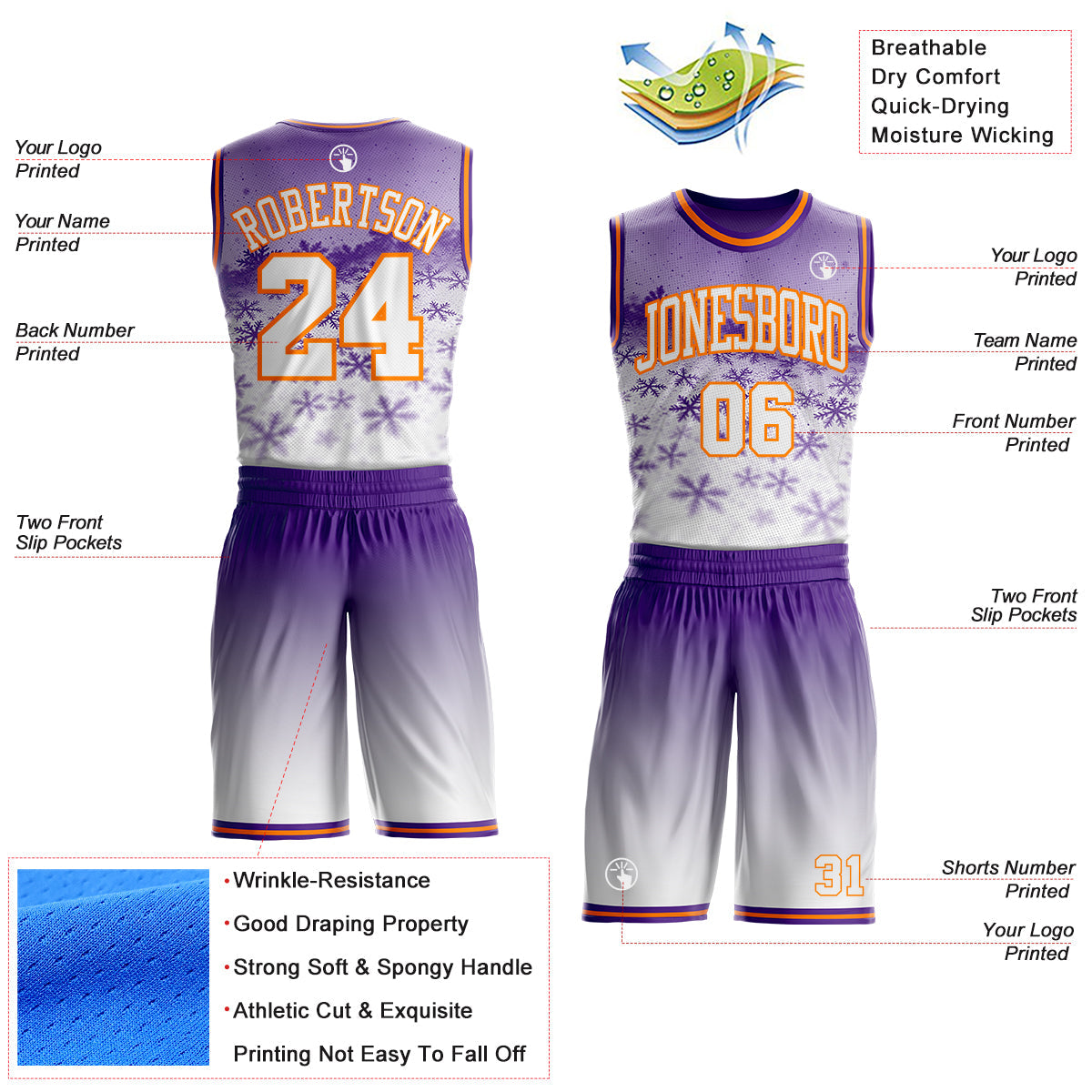 Custom Purple White-Bay Orange Winter Snowflake Gradient Round Neck Sublimation Basketball Uniform Jersey view 2