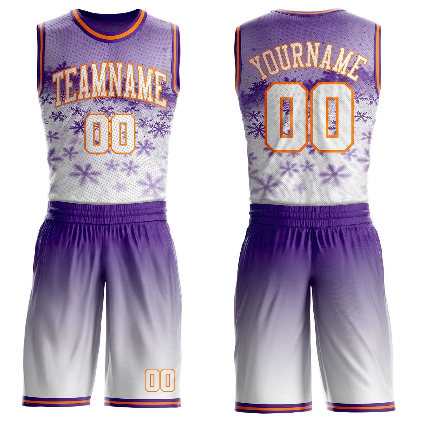 Custom Purple White-Bay Orange Winter Snowflake Gradient Round Neck Sublimation Basketball Uniform Jersey - Main View