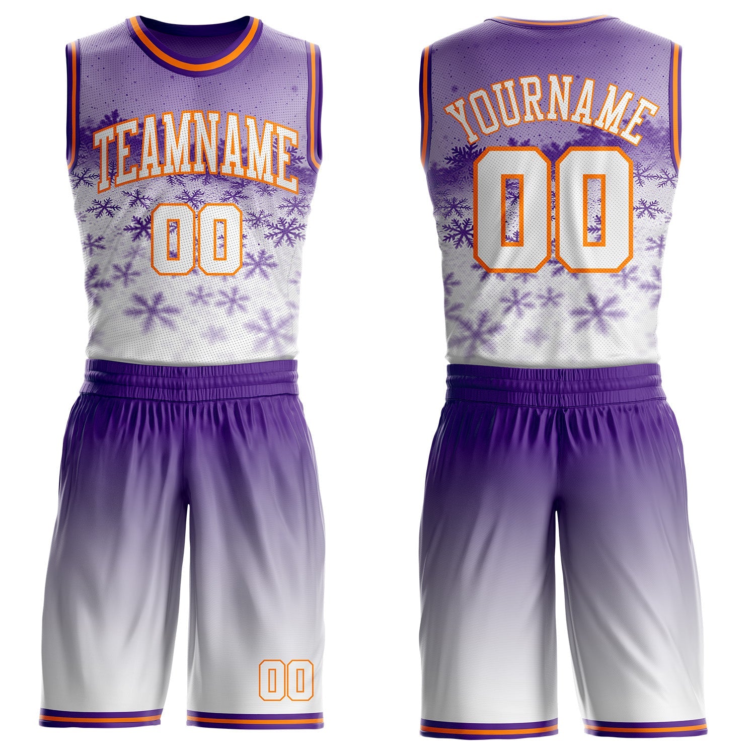 Custom Purple White-Bay Orange Winter Snowflake Gradient Round Neck Sublimation Basketball Uniform Jersey - Main View