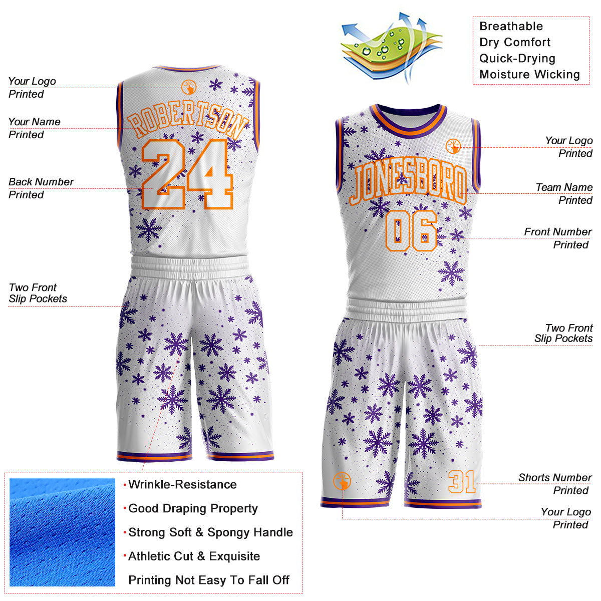 Custom White Purple-Bay Orange Winter Snowflake Round Neck Sublimation Basketball Uniform Jersey view 2
