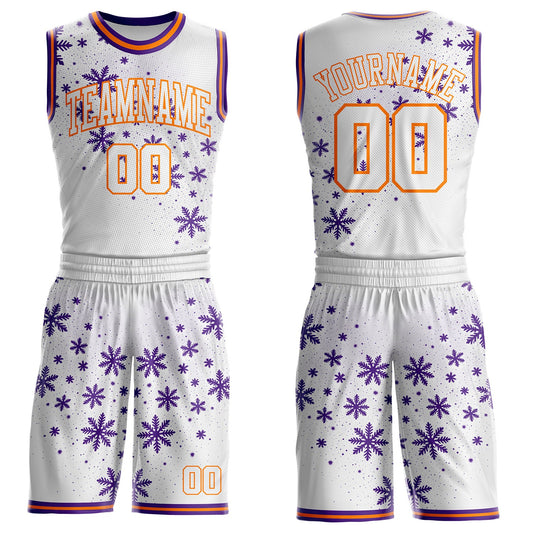 Custom White Purple-Bay Orange Winter Snowflake Round Neck Sublimation Basketball Uniform Jersey - Main View