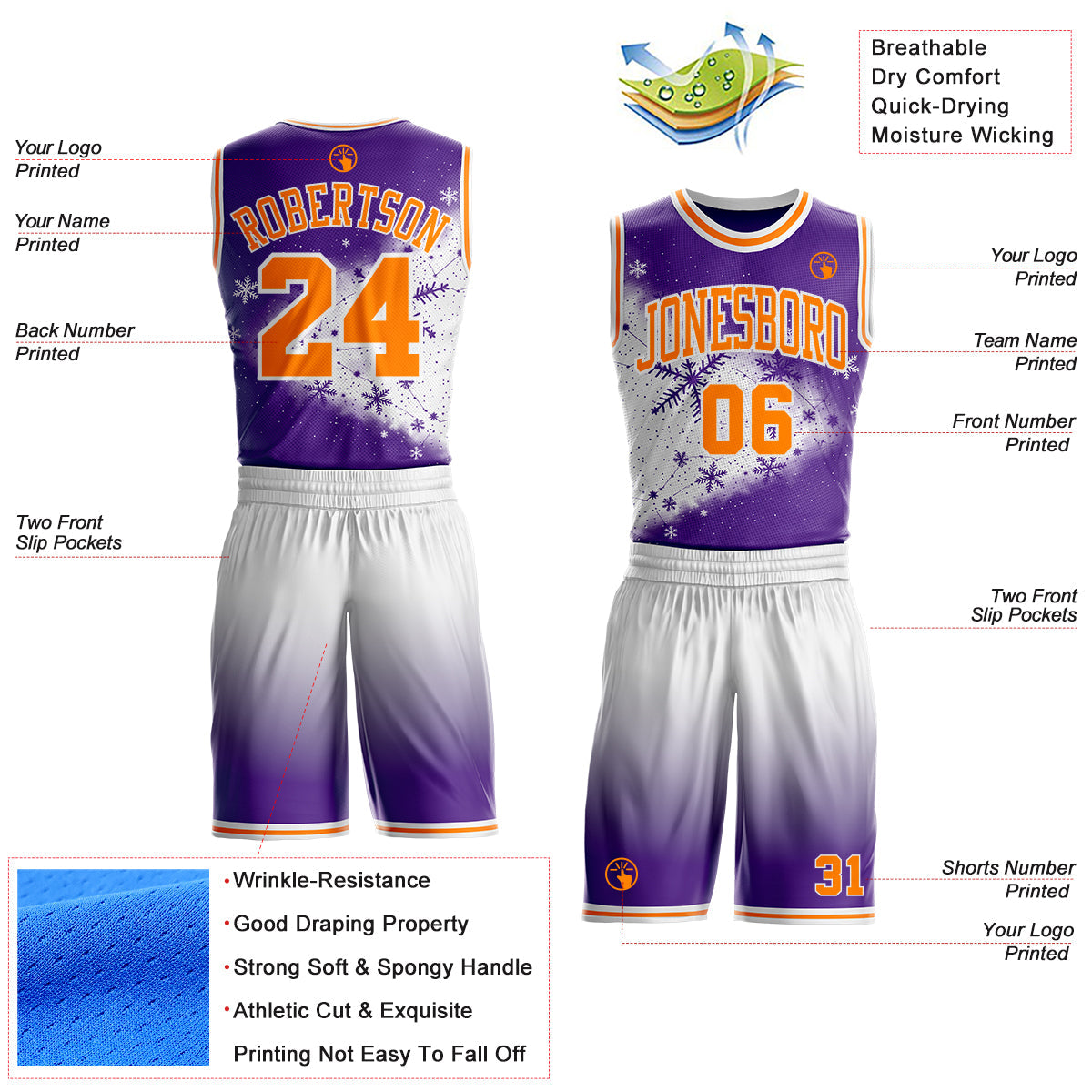Custom Purple Bay Orange-White Winter Snowflake Round Neck Sublimation Basketball Uniform Jersey view 2