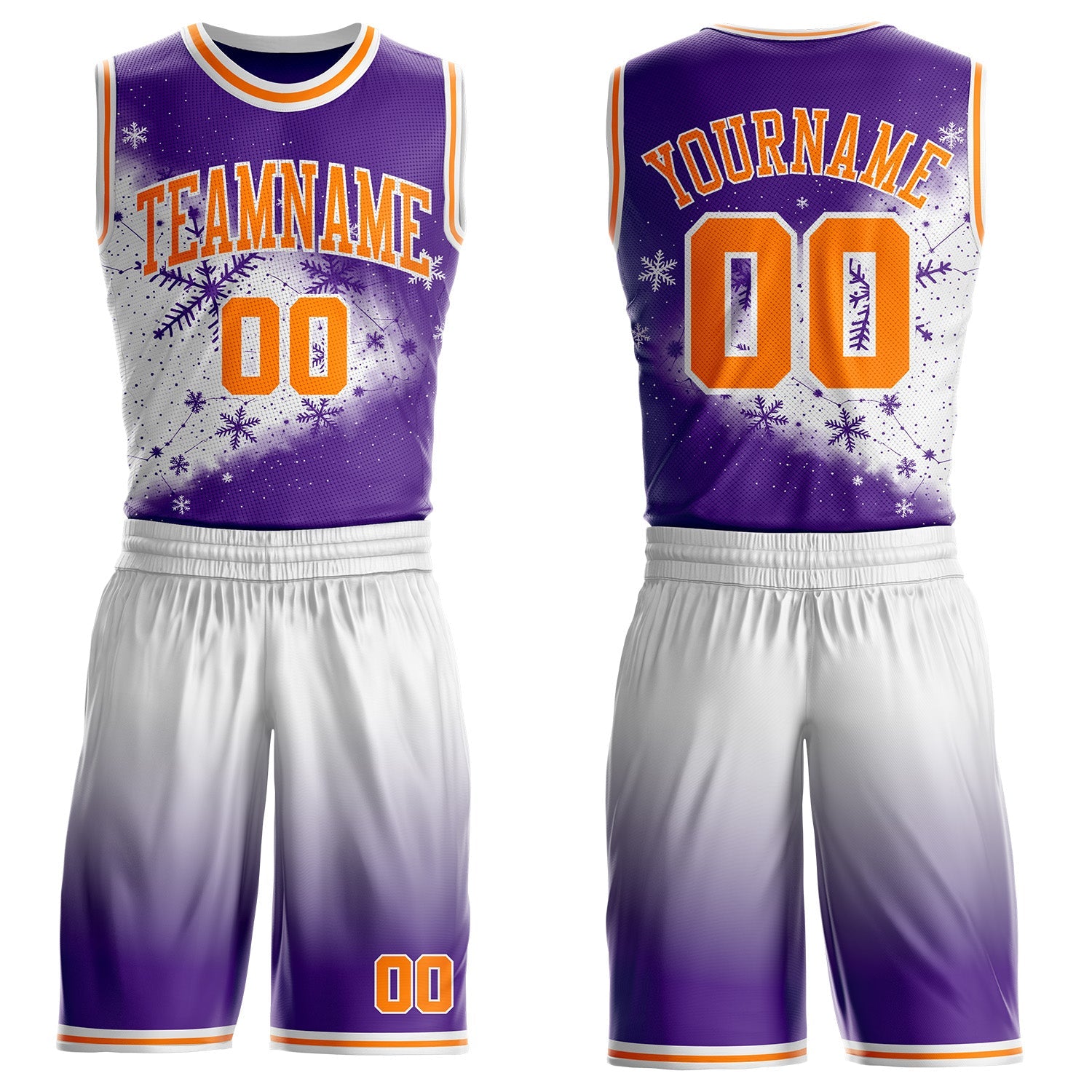 Custom Purple Bay Orange-White Winter Snowflake Round Neck Sublimation Basketball Uniform Jersey - Main View