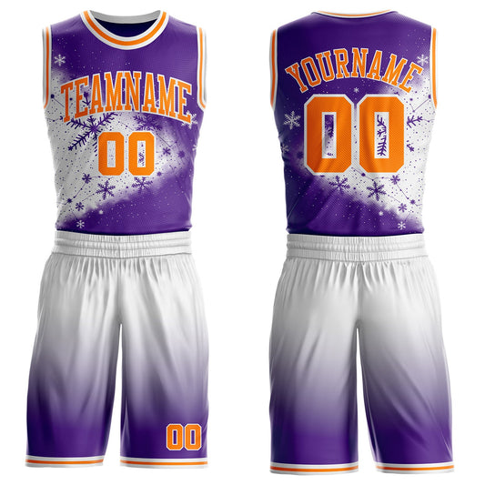 Custom Purple Bay Orange-White Winter Snowflake Round Neck Sublimation Basketball Uniform Jersey - Main View