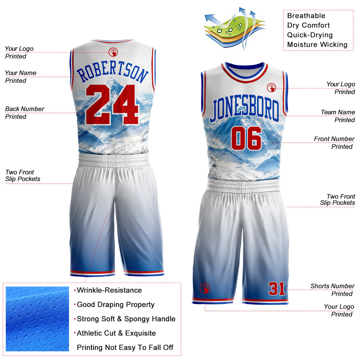 Custom White Red Blue-Thunder Blue Snow Mountain Gradient Round Neck Sublimation Basketball Uniform Jersey view 2