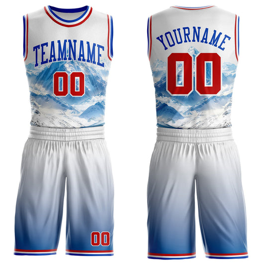 Custom White Red Blue-Thunder Blue Snow Mountain Gradient Round Neck Sublimation Basketball Uniform Jersey - Main View