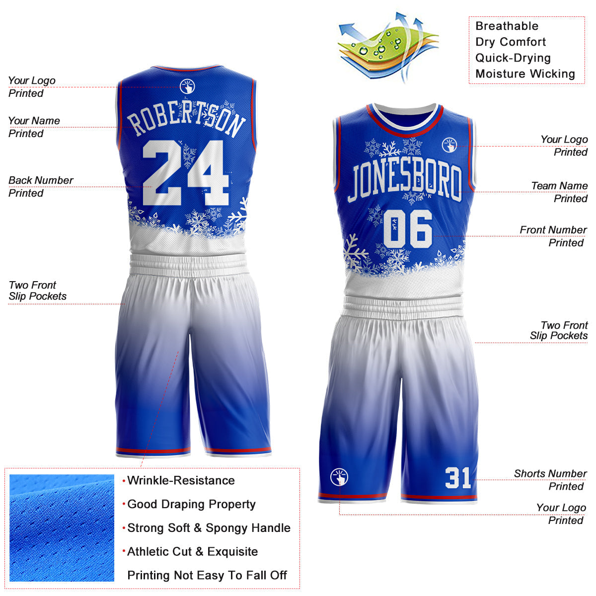 Custom Thunder Blue White-Red Winter Snowflake Gradient Round Neck Sublimation Basketball Uniform Jersey view 2