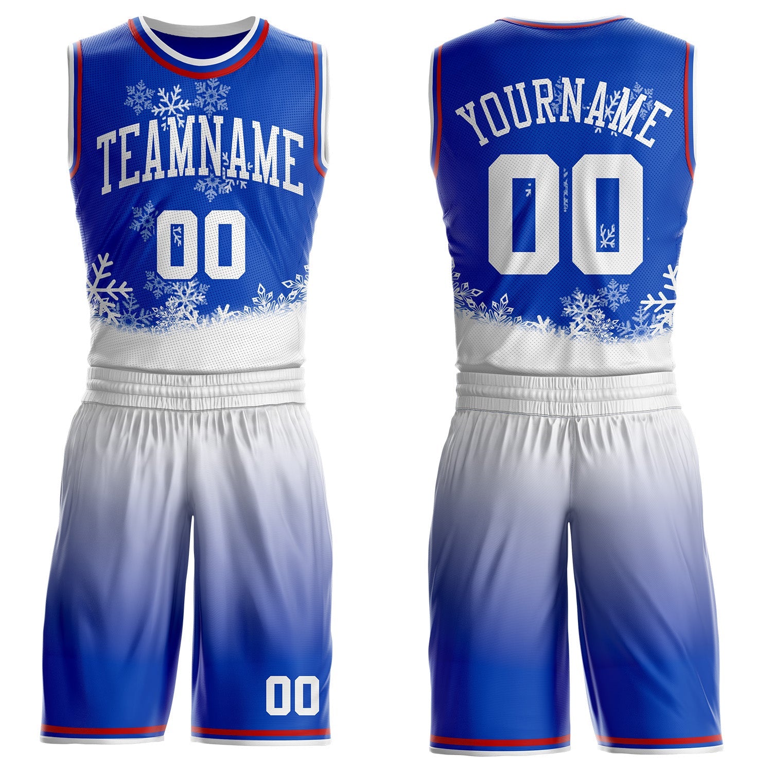 Custom Thunder Blue White-Red Winter Snowflake Gradient Round Neck Sublimation Basketball Uniform Jersey - Main View