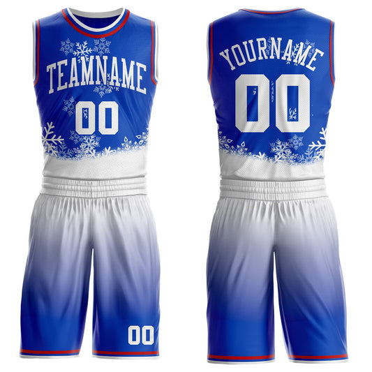 Custom Thunder Blue White-Red Winter Snowflake Gradient Round Neck Sublimation Basketball Uniform Jersey - Main View