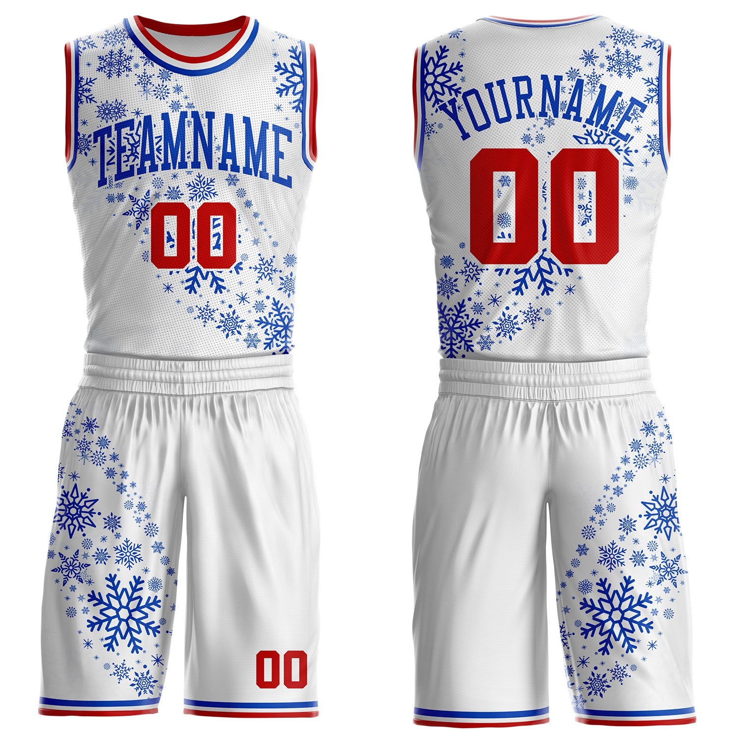 Custom White Red-Thunder Blue Winter Snowflake Round Neck Sublimation Basketball Uniform Jersey - Main View