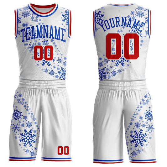 Custom White Red-Thunder Blue Winter Snowflake Round Neck Sublimation Basketball Uniform Jersey - Main View