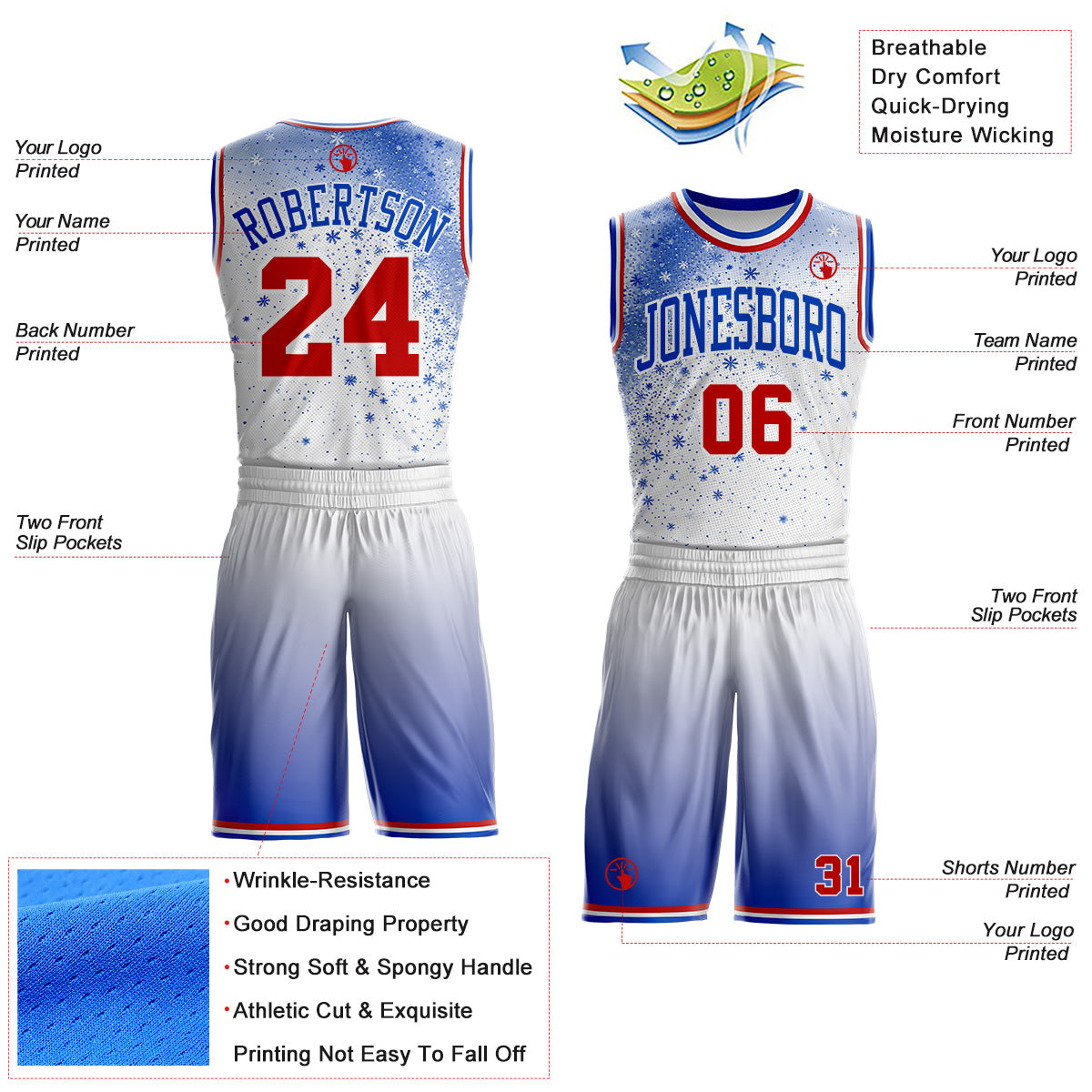 Custom White Red-Thunder Blue Winter Snowflake Gradient Round Neck Sublimation Basketball Uniform Jersey view 2